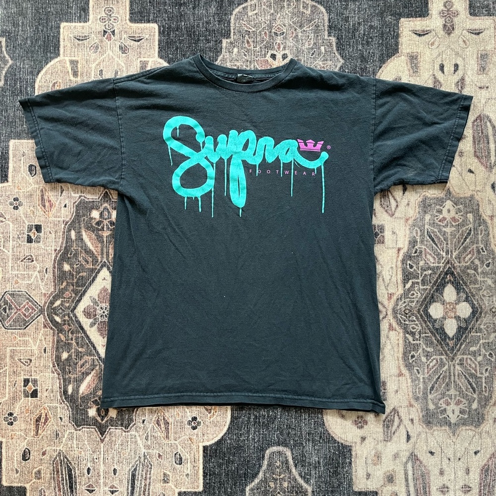 Vintage Supra footwear Black and Teal Drip Logo T-Shirt
